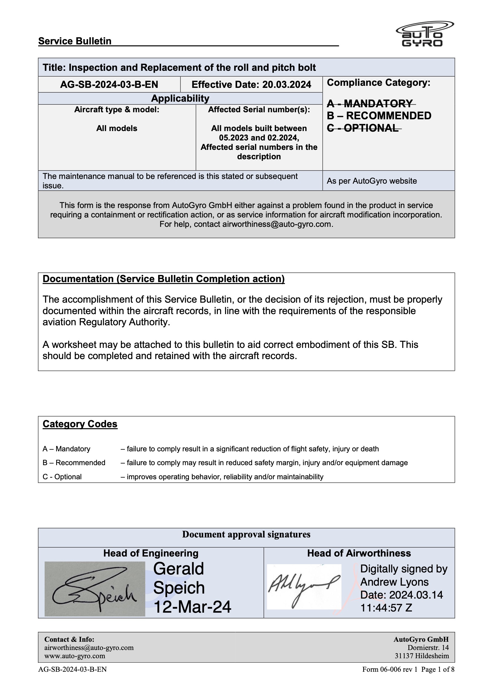 AG-SB-2024-03-B-EN - Inspection and Replacement of the Pitch and Roll Bolt